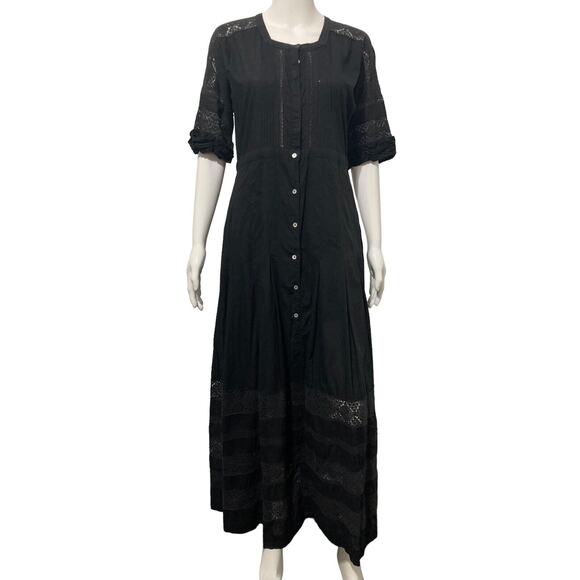 LOVESHACKFANCY Black Cotton Edie Lace Short Sleeve Midi Shirt Dress Size L - Picture 2 of 7